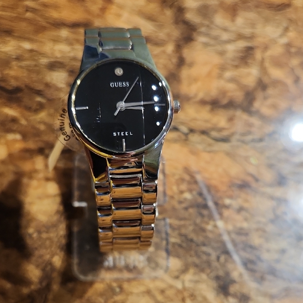 Guess Silver and Black Watch With Diamond